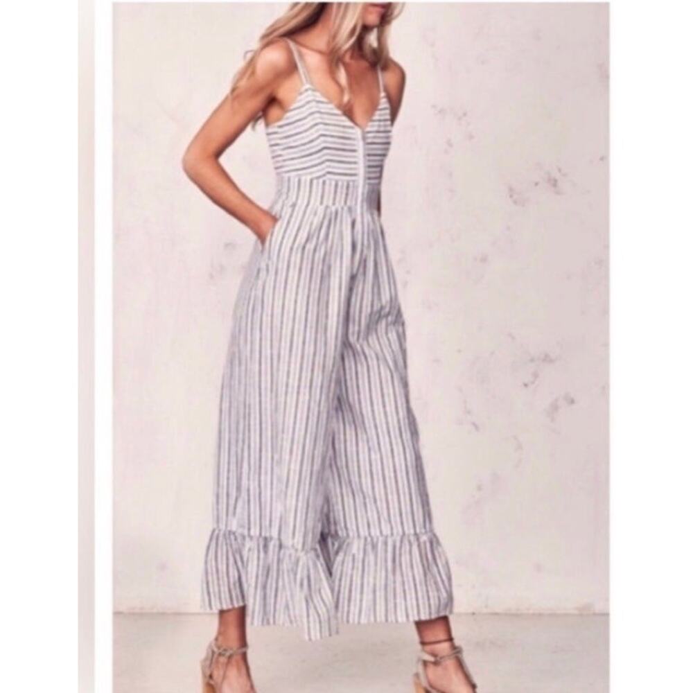 LoveShackFancy LSF Edeline Jumpsuit Blue and Ivory Size 0 Striped Cotton Ruffles